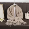 Classic solid color cashmere feel long scarf with fringe stylish winter warm wrap winter shawl - Khaki