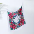 Close-up detail of retro floral square scarf with vibrant red roses and green leaves design. - 7# White