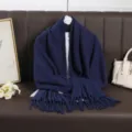 Dark blue imitation cashmere long tassel scarf, solid color winter warm versatile neckerchief style - Dark Blue