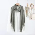 Solid color cotton linen scarf for women, classic grey tassel shawl, elegant casual neck wrap. - Gray