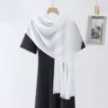 Minimalist white solid color slub long scarf breathable lightweight fashion shawl for daily wear. - White