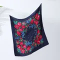 Vintage floral print square scarf navy blue ethnic style hair scarf sun protection shawl - Deep Blue