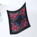 Retro floral print square scarf ethnic style large peony shawl women fashion neckerchief - 4# Black