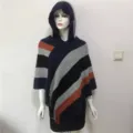 Women Striped Hooded Poncho Knit Cloak Autumn Winter Casual Tassels Cape Outerwear - 80-100cm / Navy Black