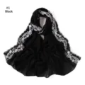 Black chiffon embroidered long scarf, elegant floral lace edge shawl for women summer sun. - Black