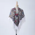 Ethnic style floral square scarf for women, warm winter print shawl with white fringe detail. - 13#