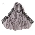 Solid color chiffon embroidered lace border long scarf women spring summer sun protection shawl. - Gray