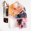 Elegant gradient silk scarf for women, lightweight summer shawl with artistic print and colors. - 24#
