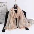 Elegant women beige long silk scarf with shiny metallic stripes, fashion autumn shawl for lady. - Beige