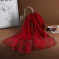 Red silk scarf for women summer lightweight beaded shawl elegant fashion neckerchief drape - Red