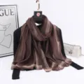 Women long brown striped scarf elegant fashion imitation silk shawl for spring autumn - Brown