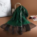 Green silk scarf with black mesh and beaded fringe, elegant sun protection shawl for women. - Dark Green