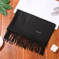 Solid color cashmere-feel winter scarf with fringe, thickened warm long shawl for women. - Black