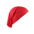 Red solid color slouchy inner hijab cap close-up, stretchy breathable cotton fabric detail. - Red
