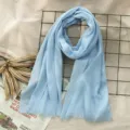 Light blue cotton linen scarf for women, solid color casual shawl with fringe design. - Light Blue (#24)