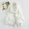 Women solid color cotton linen long scarf lightweight breathable shawl with short tassels white - White