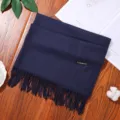 Navy blue cashmere feel fringe scarf winter warm solid color long shawl for women - Navy Blue