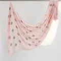 Elegant pink printed cotton linen scarf with geometric pattern and frayed fringe edges for women. - Pink