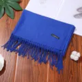 Solid blue cashmere feel winter scarf with elegant fringe tassel design warm long shawl - Sapphire Blue