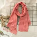 Women pink linen fringe scarf, elegant solid color shawl for autumn winter daily wear. - 180x70cm / Pink (#3)