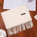 Solid cream cashmere-feel winter scarf with fringe, soft warm thick shawl for women. - Milky White