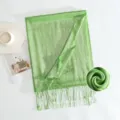 Green metallic shimmer scarf with fringe tassels, elegant long shawl for autumn and spring warmth. - Style #11