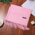 Pink cashmere feel winter scarf with tassels, soft warm solid color long shawl for women. - Glitter