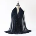 Navy blue chiffon hijab scarf with pearls and rhinestones, elegant Muslim long head wrap. - Polka Dot (#3)