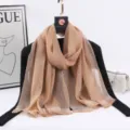 Women's long camel imitation silk scarf with elegant gold stripes, soft and versatile accessory. - Khaki