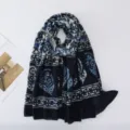 Retro blue printed women scarf, lightweight summer sun protection breathable shawl design. - Dark Blue Beige Geometric