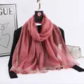 Women long fashion solid color gold striped imitation silk scarf elegant spring shawl wrap - Pink