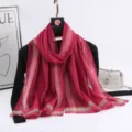 Women long silk scarf metallic striped lightweight fashion shawl elegant neck wrap - Red