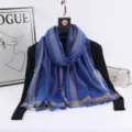 Women long silk scarf blue gold striped fashion elegant lightweight spring autumn shawl - Sapphire Blue