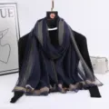 Long silk scarf for women, elegant navy blue shawl with metallic gold stripes, lightweight design. - Dark Blue