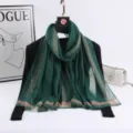 Women long green scarf with gold stripes, elegant imitation silk spring autumn fashion shawl. - Dark Green