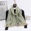 Elegant green long silk scarf with metallic stripes, versatile lightweight shawl for women. - Light Green