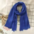 Blue solid color cotton linen scarf for women, elegant autumn winter shawl with fringe. - Bright Blue (#12)
