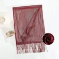 Burgundy metallic shimmer long scarf with fringe, vintage elegant shiny metallic wrap for women. - Style 18