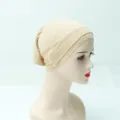 Beige solid color stretch inner hijab cap, breathable rayon turban hat for daily wear. - Beige