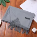 Gray cashmere feel winter tassel scarf, soft warm solid color long shawl for women. - Dark Gray