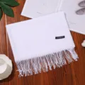 White imitation cashmere scarf with fringe, solid color winter warm shawl for women. - Off-White