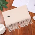 Solid color cashmere feel winter long scarf with delicate tassels, warm and cozy shawl. - Beige
