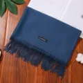 Blue cashmere feel winter scarf with elegant fringe detail, cozy solid color long shawl wrap. - Denim Blue