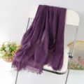 Solid purple linen scarf with fringe, versatile autumn winter shawl and headscarf. - Style 12
