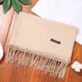 Khaki solid color cashmere feel winter scarf with elegant fringe design, soft and warm daily wear. - Light Camel