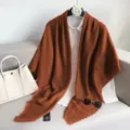 Effen vierkante korte kwast elegante vrouwen sjaal omslagdoek, retro casual bovenkleding chic. - Karamel