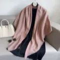 Elegant solid color square shawl with short tassels, chic minimalist vintage cape for women. - Pink