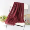 Burgundy solid color linen scarf with frayed fringe, lightweight versatile shawl. - Style 21