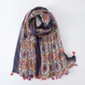 Colorful bohemian printed tassel scarf, navy blue spliced shawl for beach vacation. - Style #10