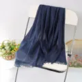 Dark blue solid linen fringed scarf, versatile autumn winter shawl and beach head wrap. - Style 24